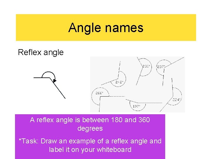 Angle names Reflex angle A reflex angle is between 180 and 360 degrees *Task: