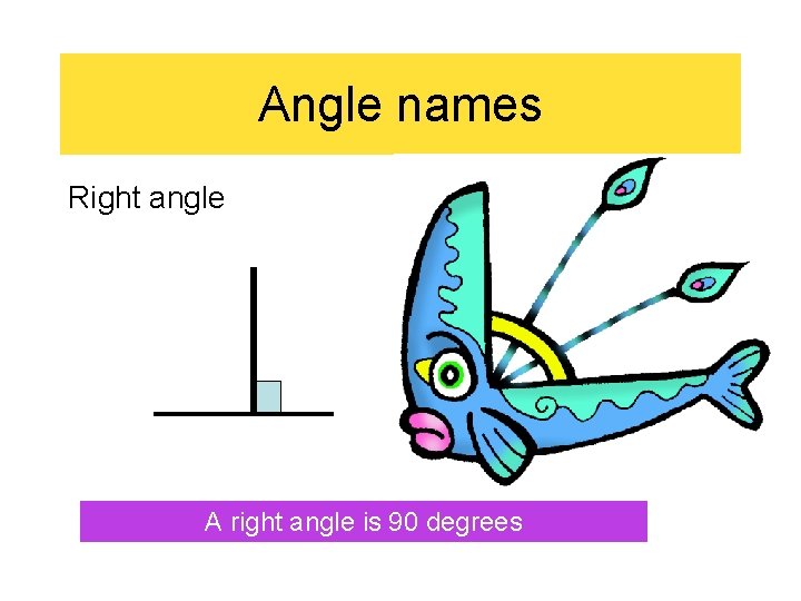 Angle names Right angle A right angle is 90 degrees 