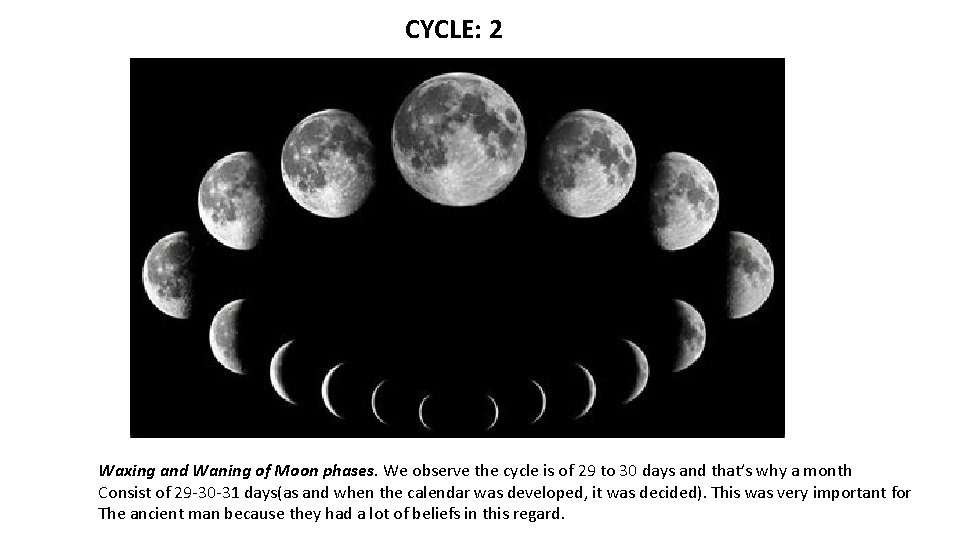 CYCLE: 2 Waxing and Waning of Moon phases. We observe the cycle is of