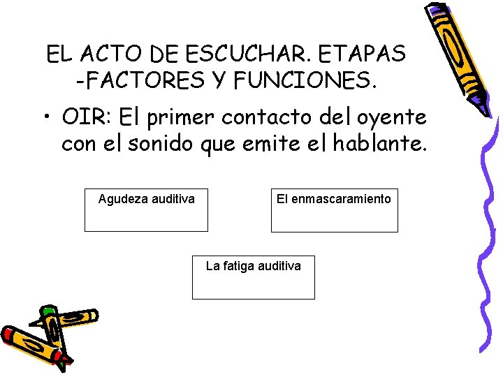 EL ACTO DE ESCUCHAR. ETAPAS -FACTORES Y FUNCIONES. • OIR: El primer contacto del