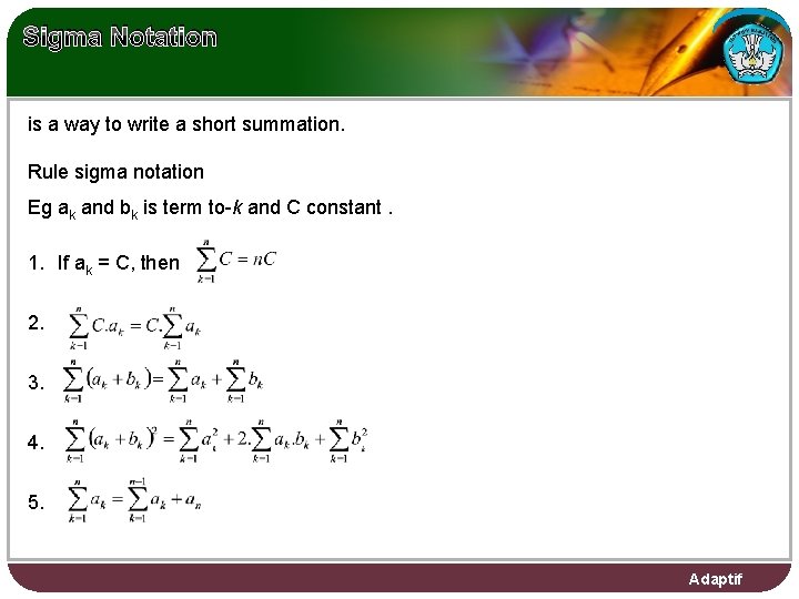 Sigma Notation is a way to write a short summation. Rule sigma notation Eg