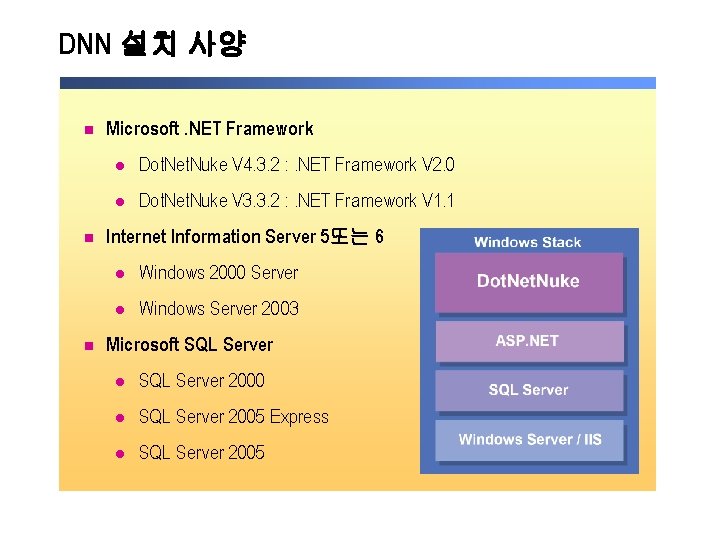 DNN 설치 사양 n n n Microsoft. NET Framework l Dot. Net. Nuke V