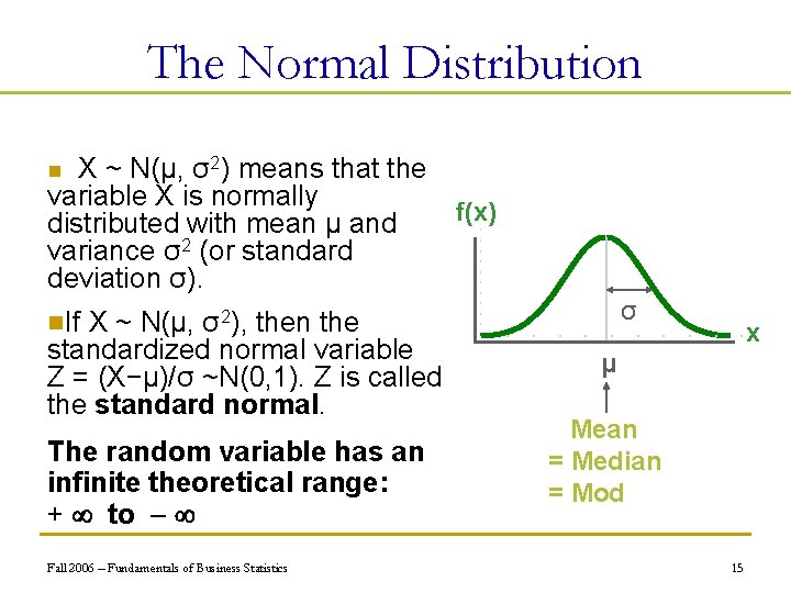 The Normal Distribution ‘X ~ N(μ, σ2) means that the variable X is normally