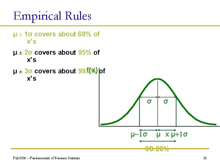 Empirical Rules μ ± 1σ covers about 68% of x’s μ ± 2σ covers