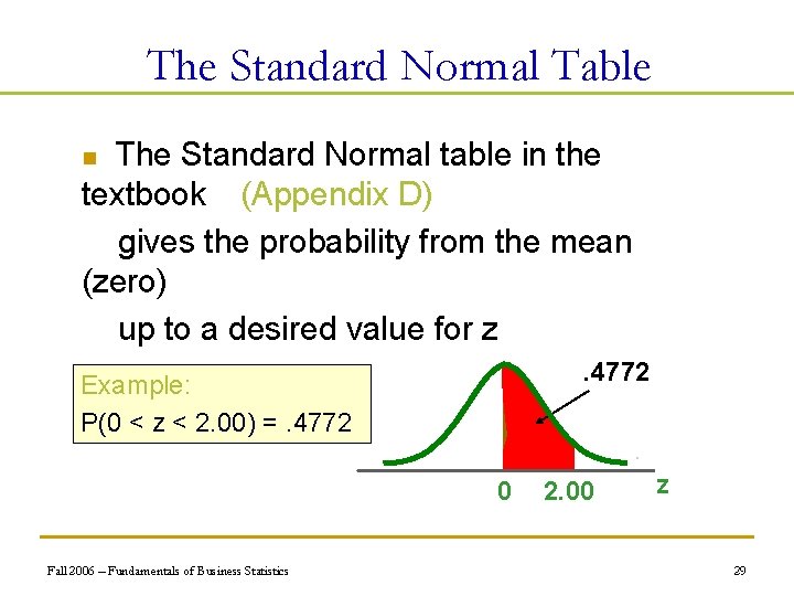 The Standard Normal Table The Standard Normal table in the textbook (Appendix D) gives