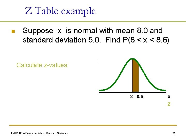 Z Table example n Suppose x is normal with mean 8. 0 and standard
