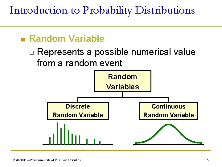 Introduction to Probability Distributions n Random Variable q Represents a possible numerical value from