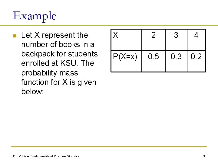 Example n Let X represent the number of books in a backpack for students