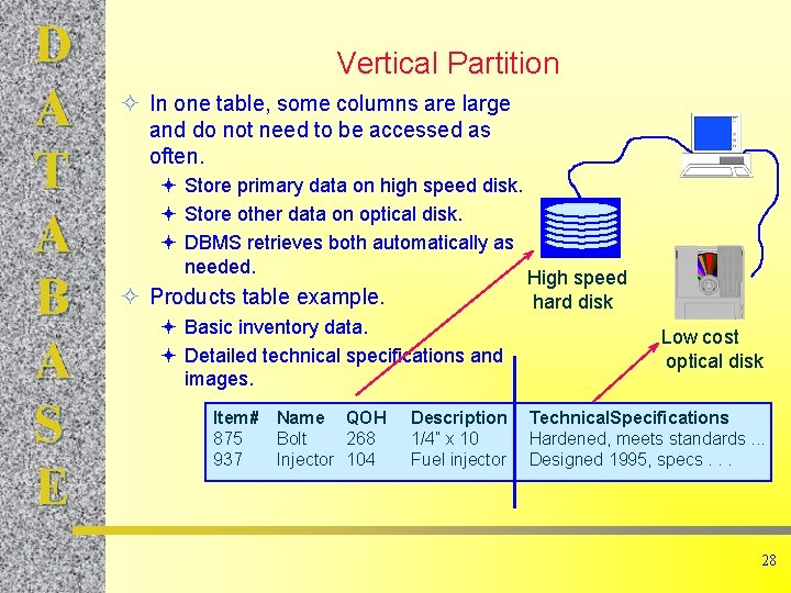 D A T A B A S E Vertical Partition ² In one table,