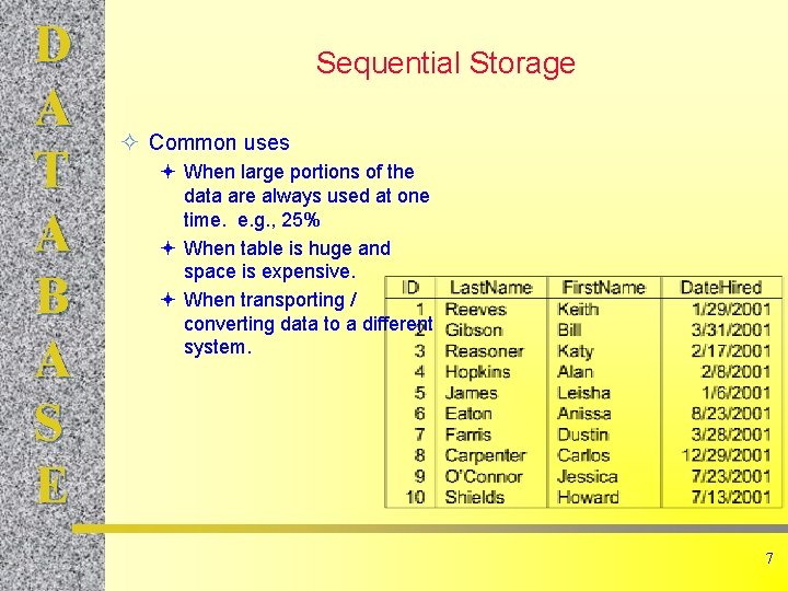 D A T A B A S E Sequential Storage ² Common uses ª