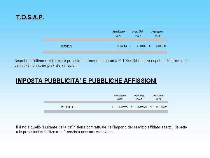 T. O. S. A. P. Rispetto all’ultimo rendiconto è previsto un decremento pari a