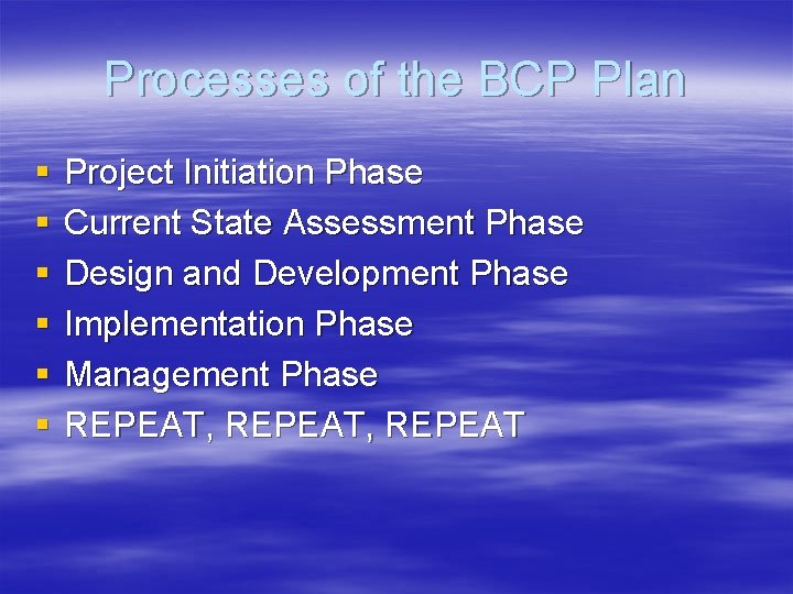 Processes of the BCP Plan § § § Project Initiation Phase Current State Assessment