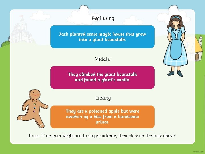 Beginning Jack planted some magic beans that grew into a giant beanstalk. Middle They