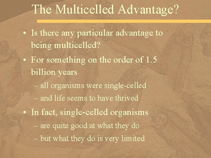 The Multicelled Advantage? • Is there any particular advantage to being multicelled? • For