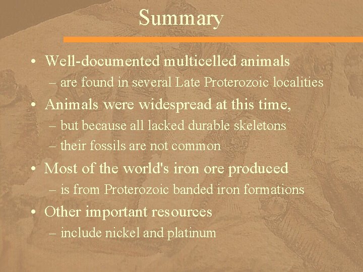 Summary • Well-documented multicelled animals – are found in several Late Proterozoic localities •