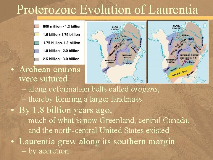 Proterozoic Evolution of Laurentia • Archean cratons were sutured – along deformation belts called