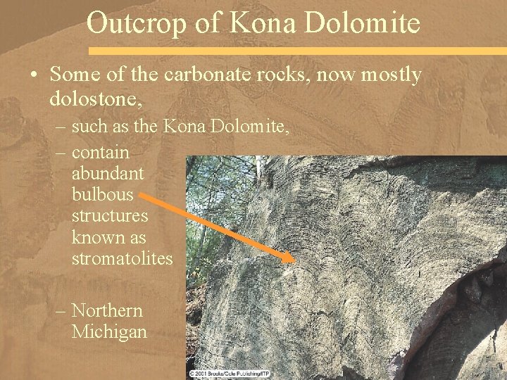 Outcrop of Kona Dolomite • Some of the carbonate rocks, now mostly dolostone, –
