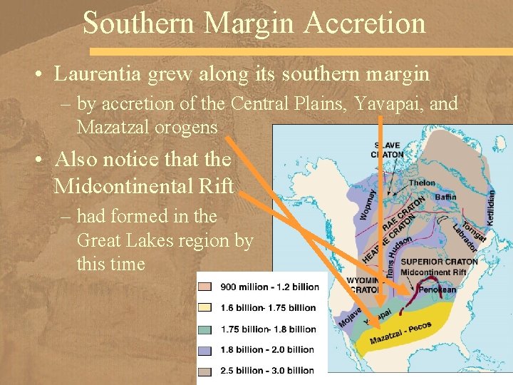 Southern Margin Accretion • Laurentia grew along its southern margin – by accretion of