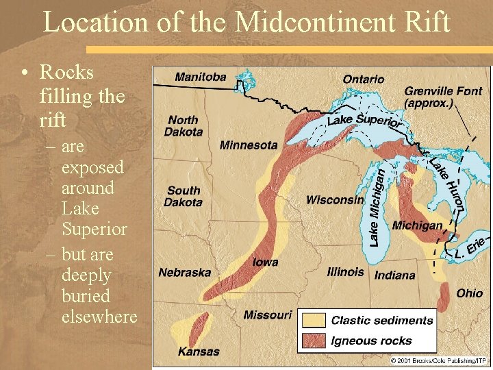 Location of the Midcontinent Rift • Rocks filling the rift – are exposed around