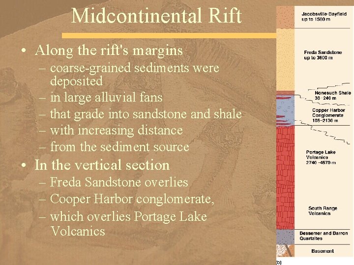 Midcontinental Rift • Along the rift's margins – coarse-grained sediments were deposited – in