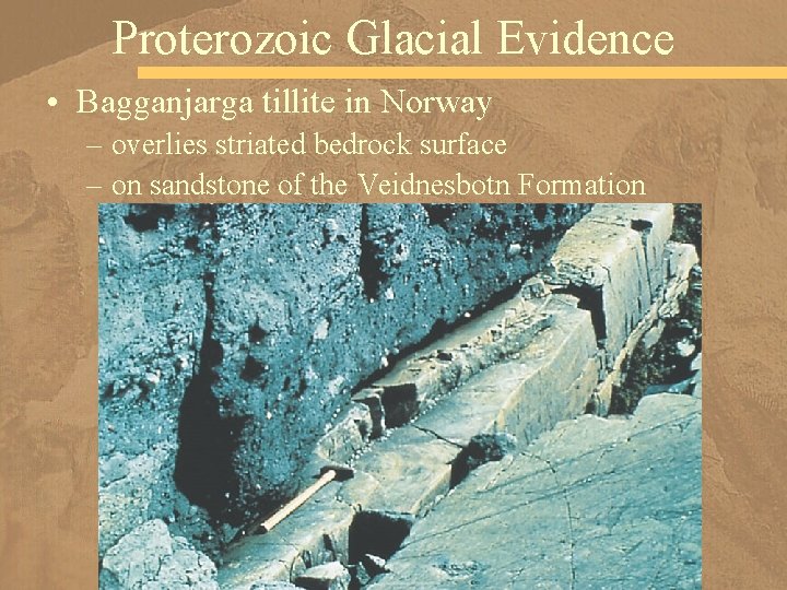 Proterozoic Glacial Evidence • Bagganjarga tillite in Norway – overlies striated bedrock surface –