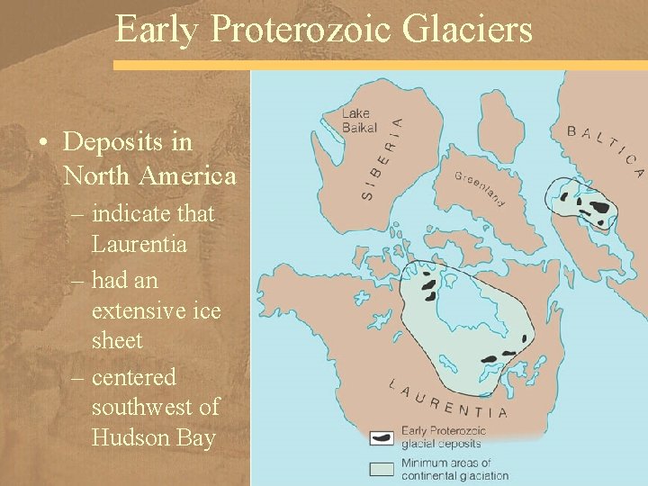 Early Proterozoic Glaciers • Deposits in North America – indicate that Laurentia – had