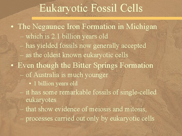 Eukaryotic Fossil Cells • The Negaunee Iron Formation in Michigan – which is 2.