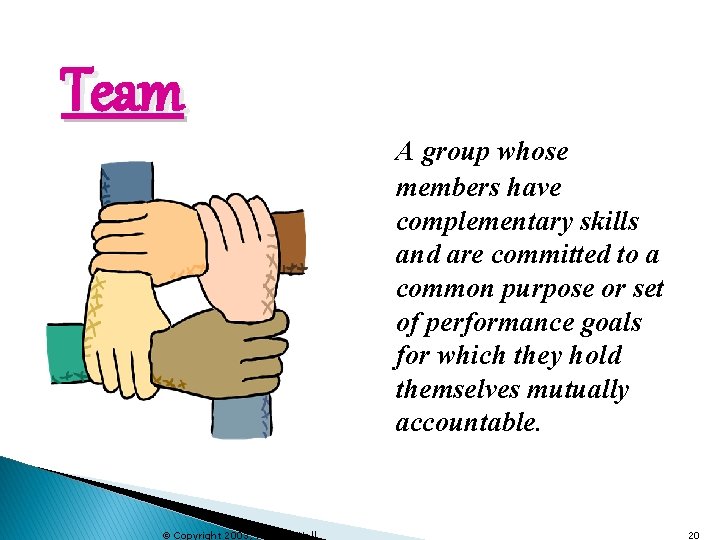 Team © Copyright 2003, Prentice Hall A group whose members have complementary skills and
