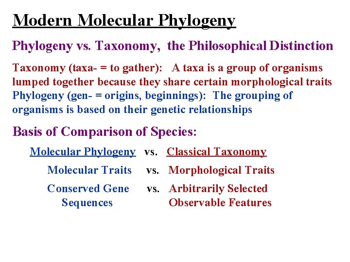 Modern Molecular Phylogeny vs. Taxonomy, the Philosophical Distinction Taxonomy (taxa- = to gather): A