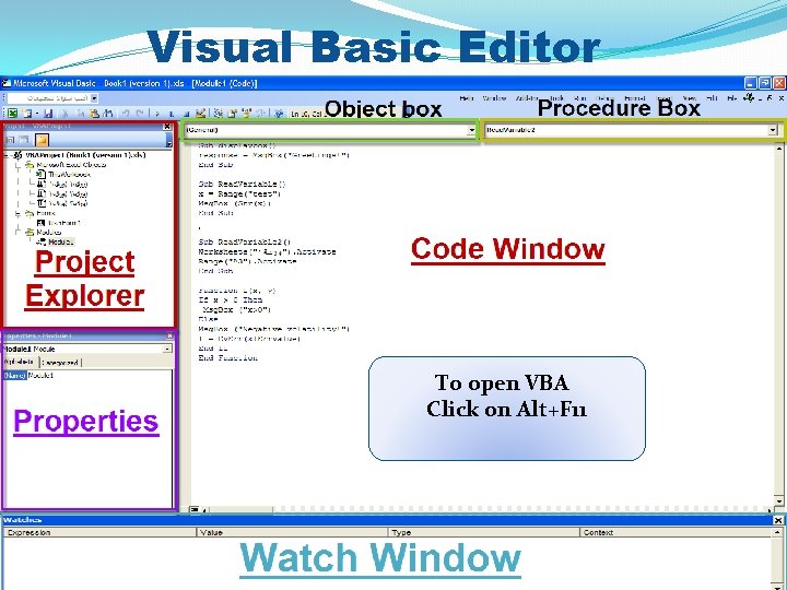 Visual Basic Editor To open VBA Click on Alt+F 11 ins. Tahani Al_dweesh Visual Basic Editor To open VBA Click on Alt+F 11 ins. Tahani Al_dweesh