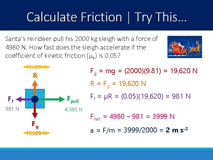 Calculate Friction | Try This… Santa’s reindeer pull his 2000 kg sleigh with a