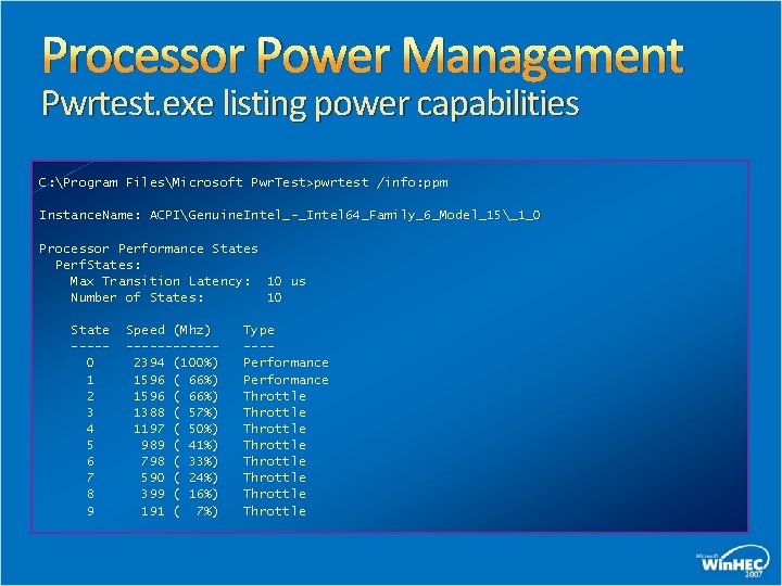 Processor Power Management Pwrtest. exe listing power capabilities C: Program FilesMicrosoft Pwr. Test>pwrtest /info: