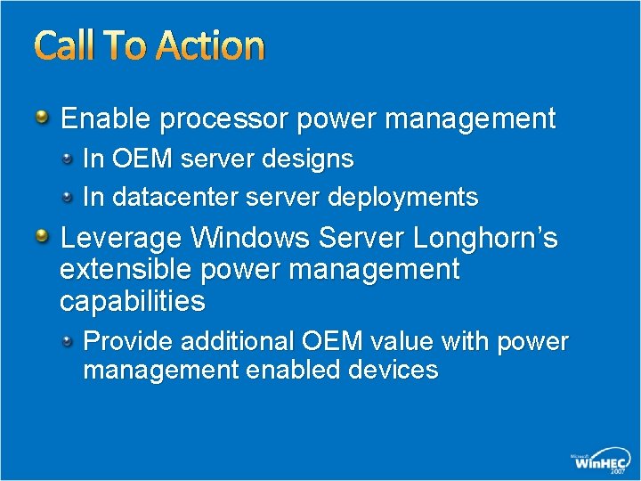 Call To Action Enable processor power management In OEM server designs In datacenter server