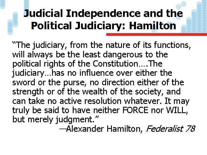 Judicial Independence and the Political Judiciary: Hamilton “The judiciary, from the nature of its