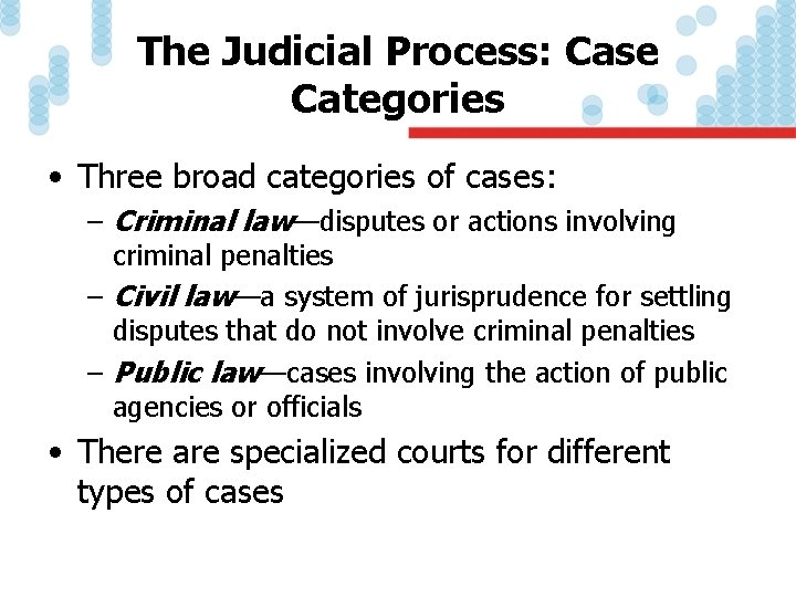 The Judicial Process: Case Categories • Three broad categories of cases: – Criminal law—disputes
