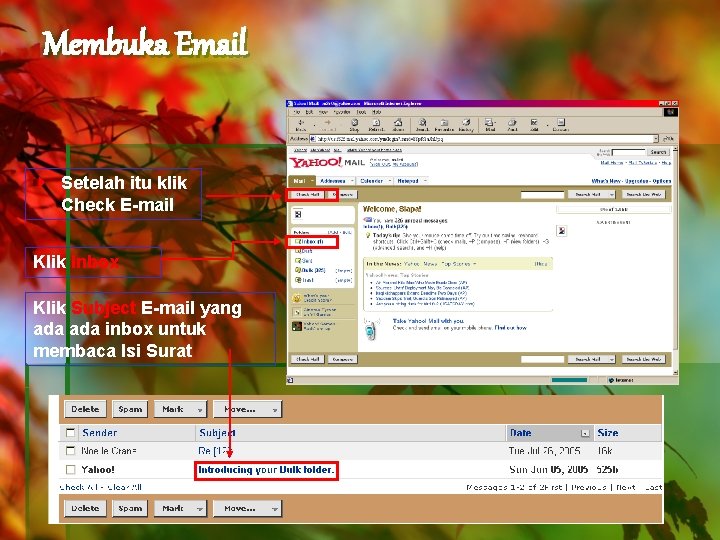 Membuka Email Setelah itu klik Check E-mail Klik Inbox Klik Subject E-mail yang ada