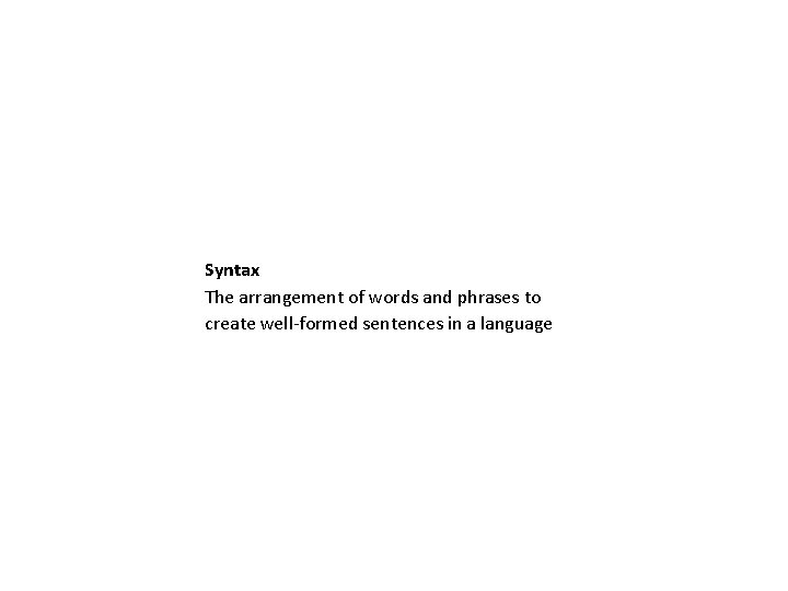 Syntax The arrangement of words and phrases to create well-formed sentences in a language