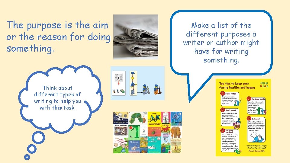 The purpose is the aim or the reason for doing something. Think about different