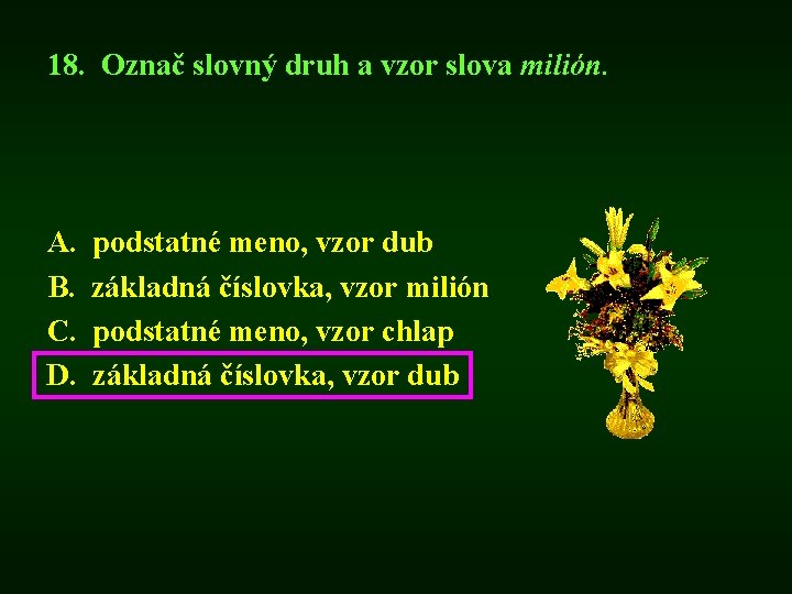 18. Označ slovný druh a vzor slova milión. A. B. C. D. podstatné meno,