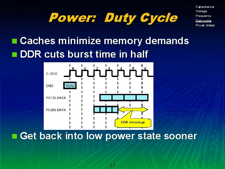 Power: Duty Cycle Capacitance Voltage Frequency Duty cycle Power states n Caches minimize memory
