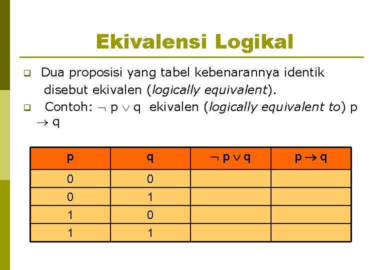 Ekivalensi Logikal q q Dua proposisi yang tabel kebenarannya identik disebut ekivalen (logically equivalent).