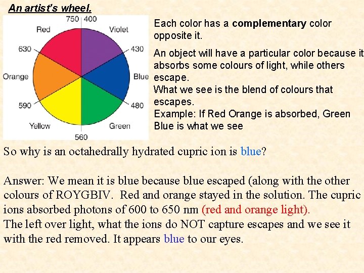 An artist’s wheel. Each color has a complementary color opposite it. An object will