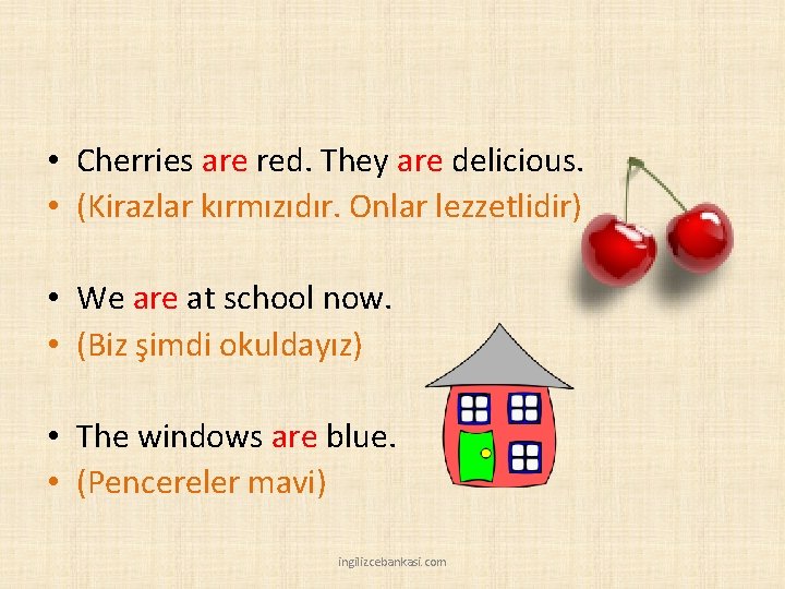  • Cherries are red. They are delicious. • (Kirazlar kırmızıdır. Onlar lezzetlidir) •