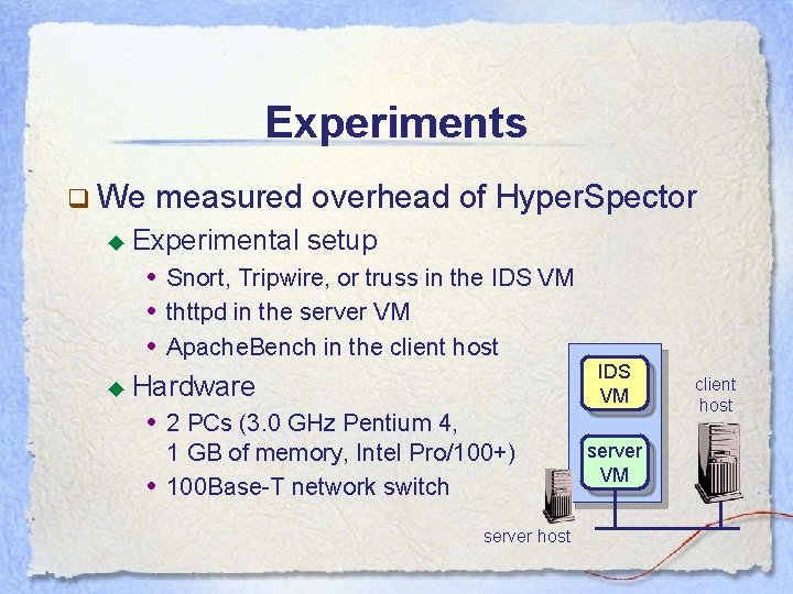 Experiments q We measured overhead of Hyper. Spector ◆ Experimental setup • Snort, Tripwire,