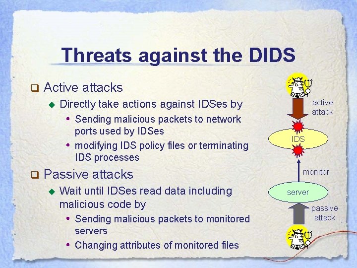 Threats against the DIDS q Active attacks ◆ active attack Directly take actions against