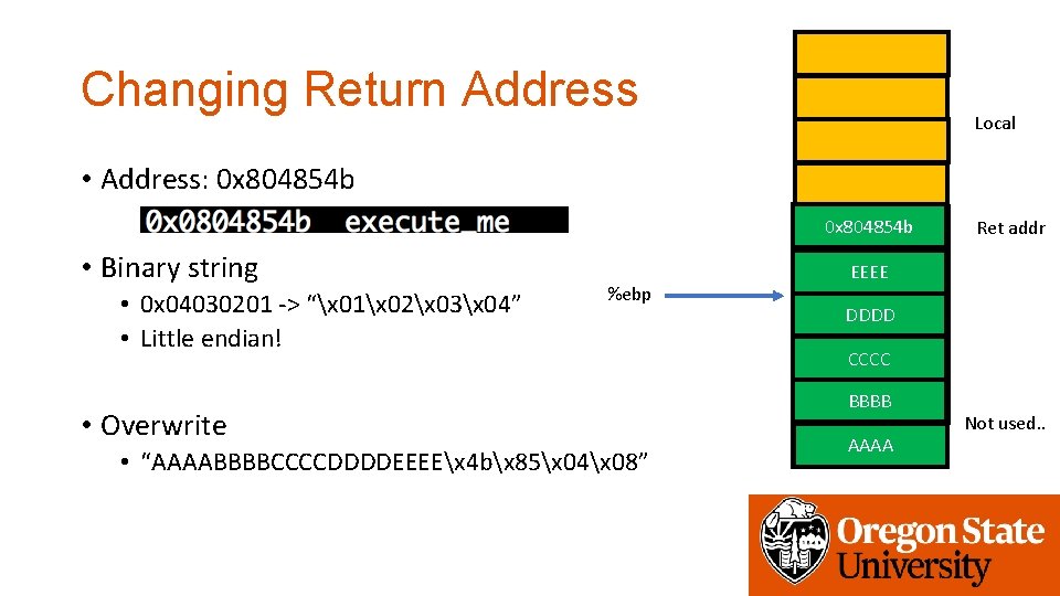 Changing Return Address Local • Address: 0 x 804854 b FFFF 0 x 80484