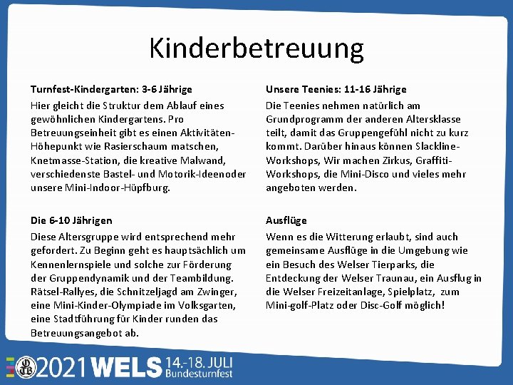 Kinderbetreuung Turnfest-Kindergarten: 3 -6 Jährige Hier gleicht die Struktur dem Ablauf eines gewöhnlichen Kindergartens.