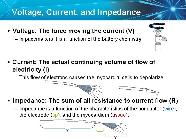 Voltage, Current, and Impedance • Voltage: The force moving the current (V) – In