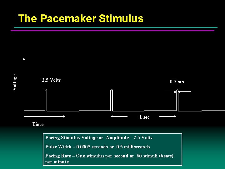 Voltage The Pacemaker Stimulus 2. 5 Volts 0. 5 ms 1 sec Time Pacing
