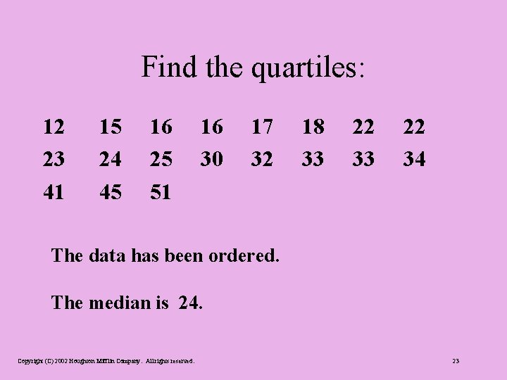 Find the quartiles: 12 23 41 15 24 45 16 25 51 16 30